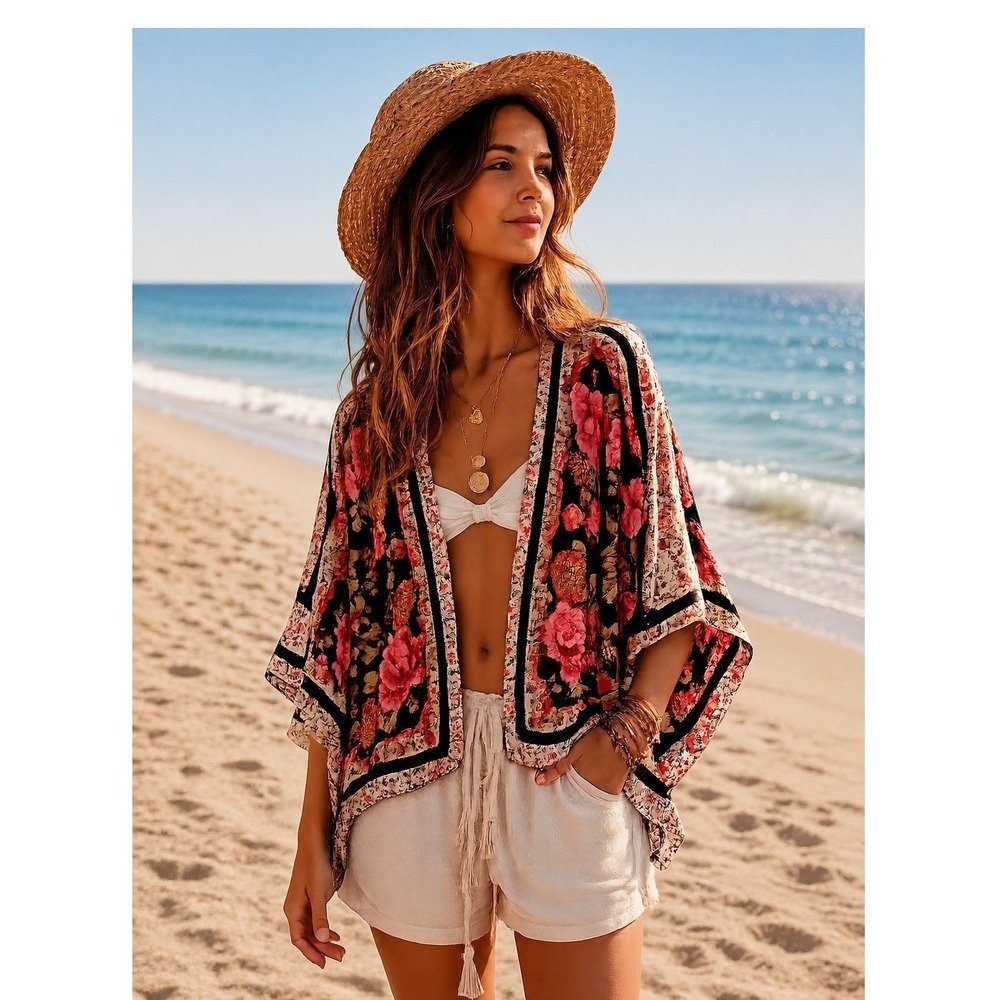 Angie Womens Scarf Floral Kimono Top Size‎ S Open Front Boho Beachy Festival